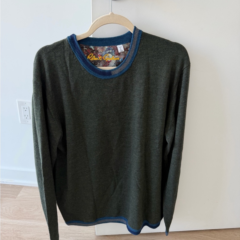 Robert Graham Olive Green Sweater with Blue Trim